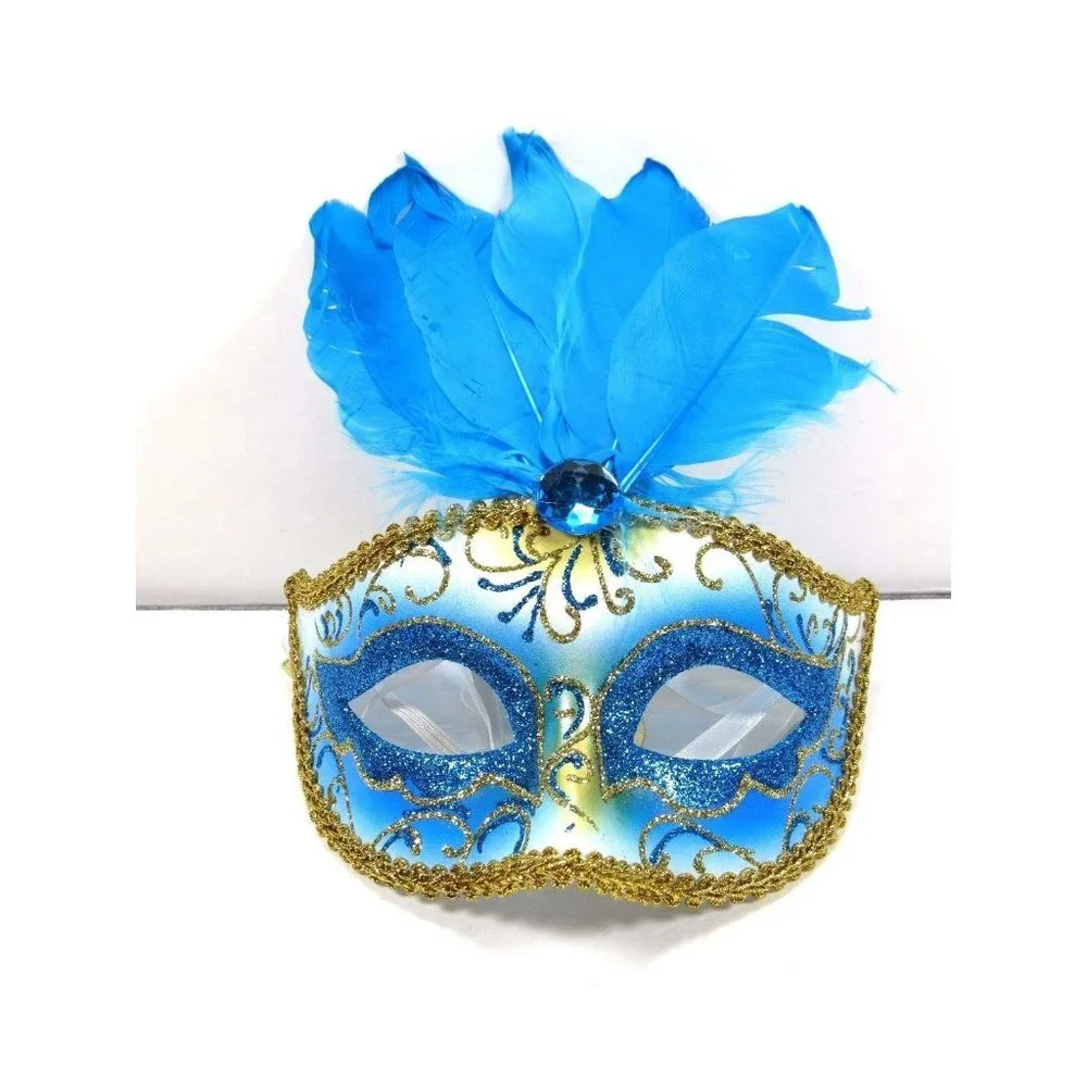 Eye Mask Womens Halloween Mardi Gras Feather Blue Masquerade Mask One Size New